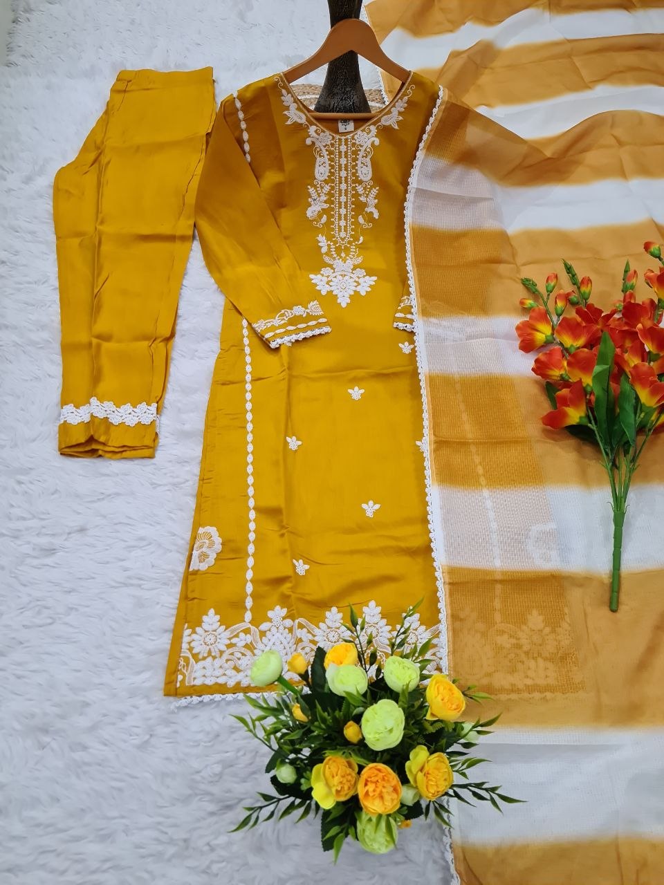 Msutard Roman Silk Embriodery Straight Suit Set