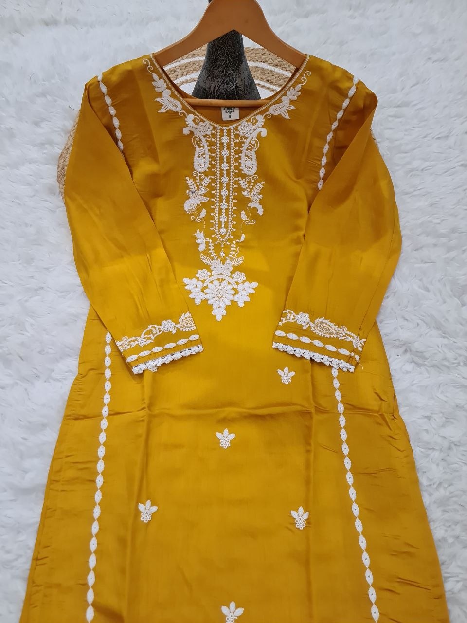 Msutard Roman Silk Embriodery Straight Suit Set