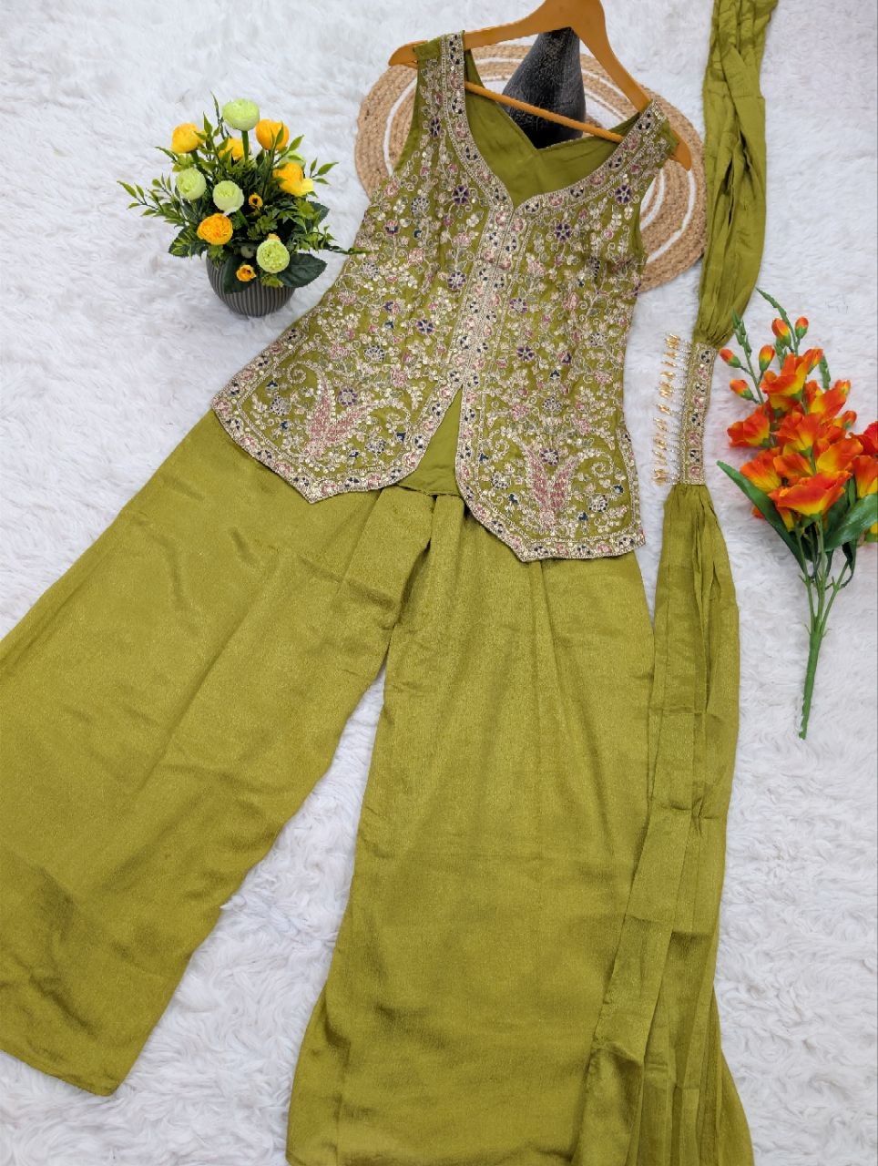 New Party Wear Chino Silk Sharar Suit Set