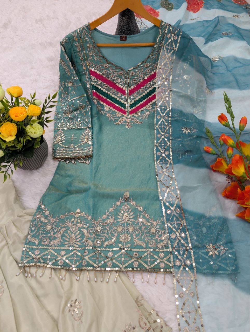 Party Wear Satin Silk Embroidery Sharara Suit Set