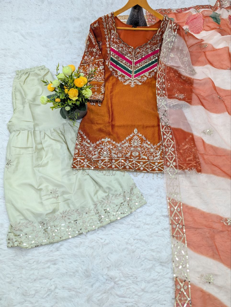 Party Wear Satin Silk Embroidery Sharara Suit Set