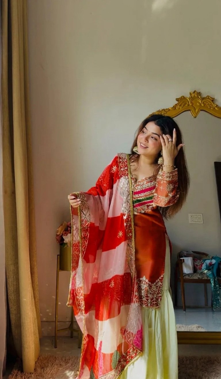 Party Wear Satin Silk Embroidery Sharara Suit Set