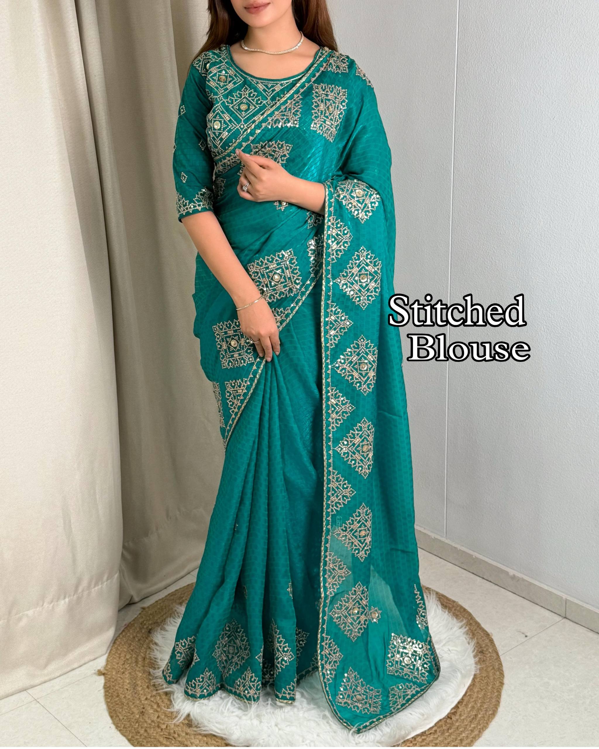 Party Wear Jacquard Satin Embriodered Saree With Stitched Blouse