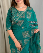 Party Wear Jacquard Satin Embriodered Saree With Stitched Blouse