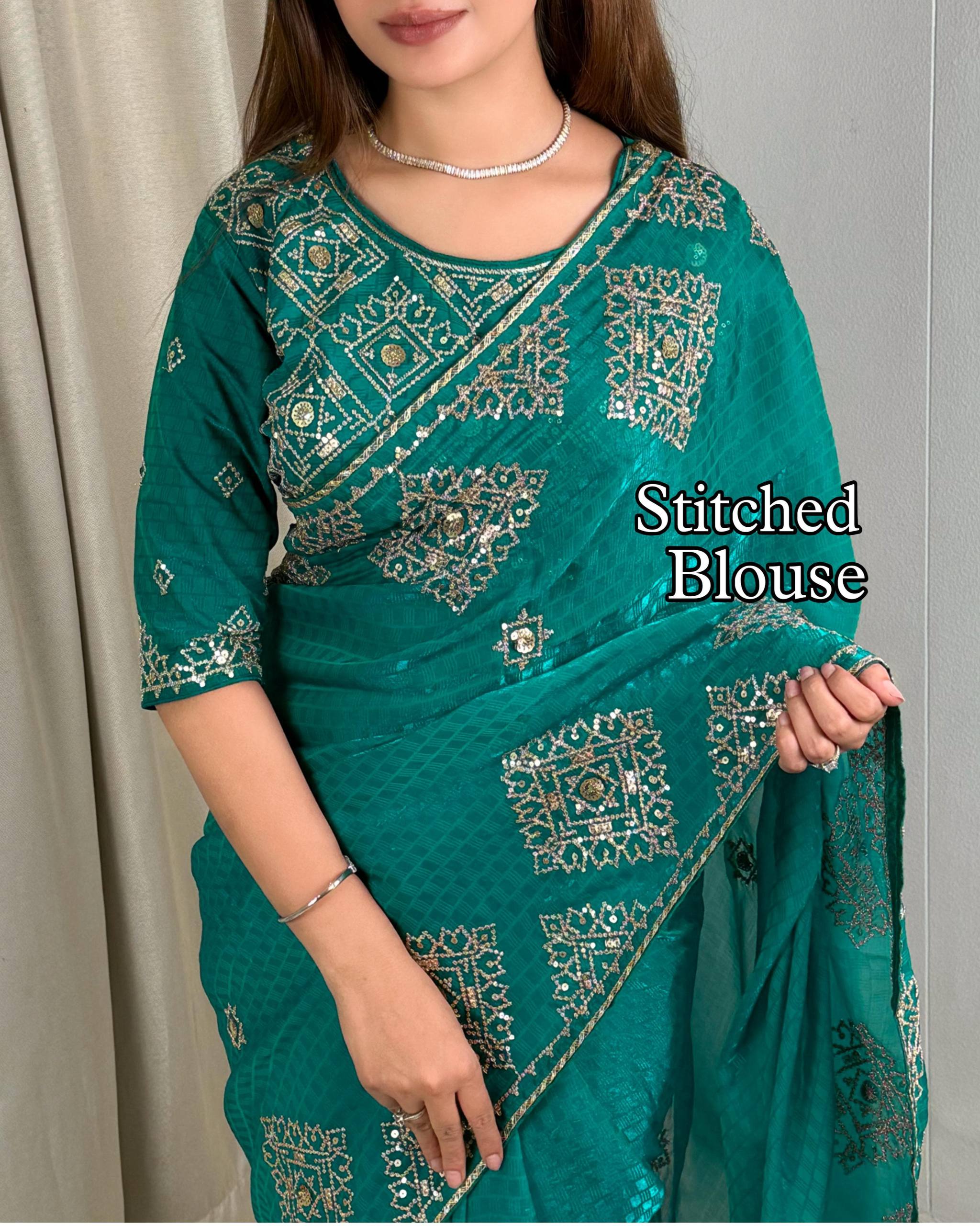 Party Wear Jacquard Satin Embriodered Saree With Stitched Blouse