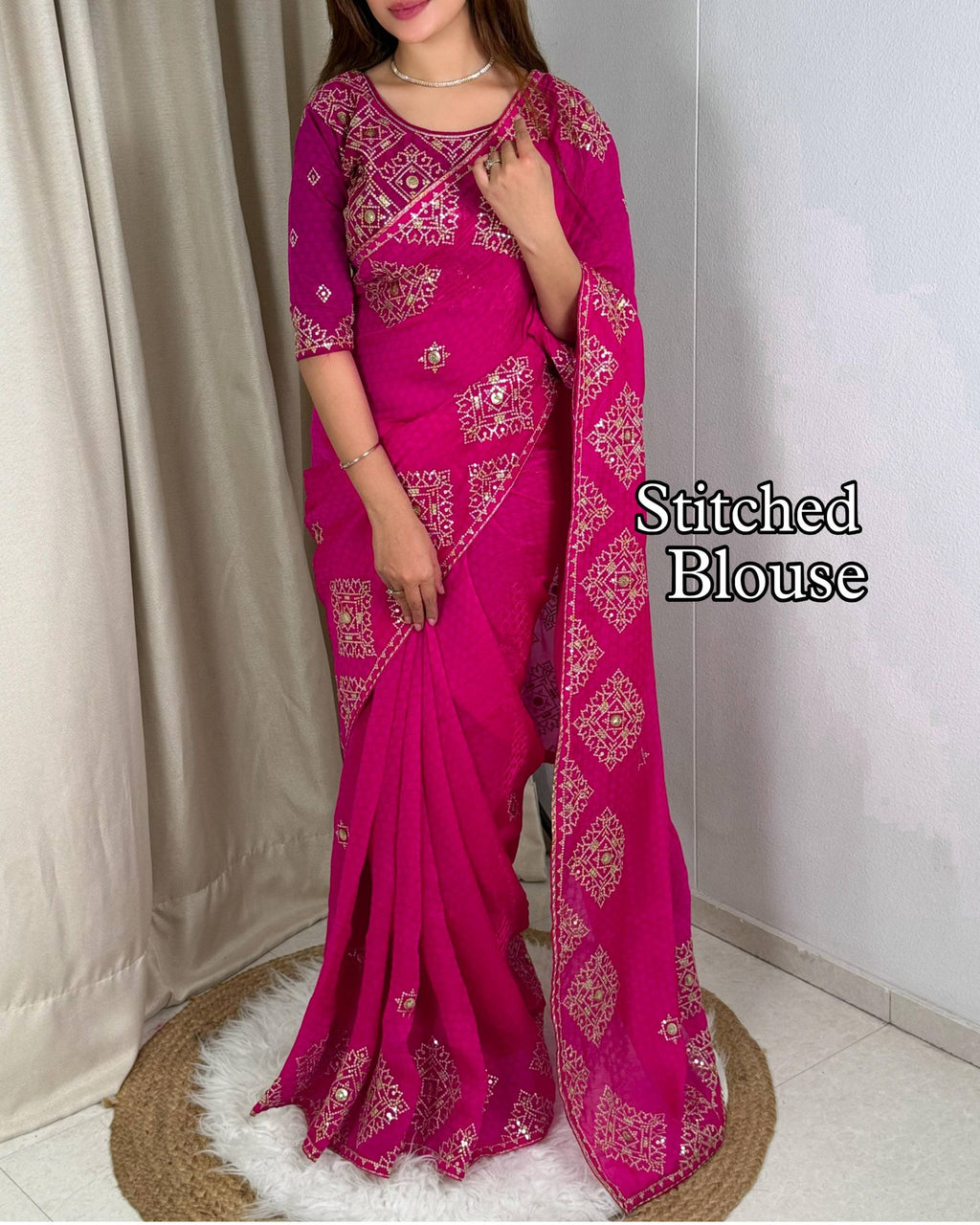 Party Wear Jacquard Satin Embriodered Saree With Stitched Blouse
