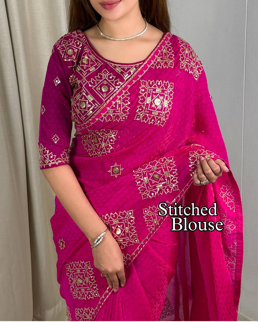 Party Wear Jacquard Satin Embriodered Saree With Stitched Blouse