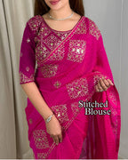 Party Wear Jacquard Satin Embriodered Saree With Stitched Blouse
