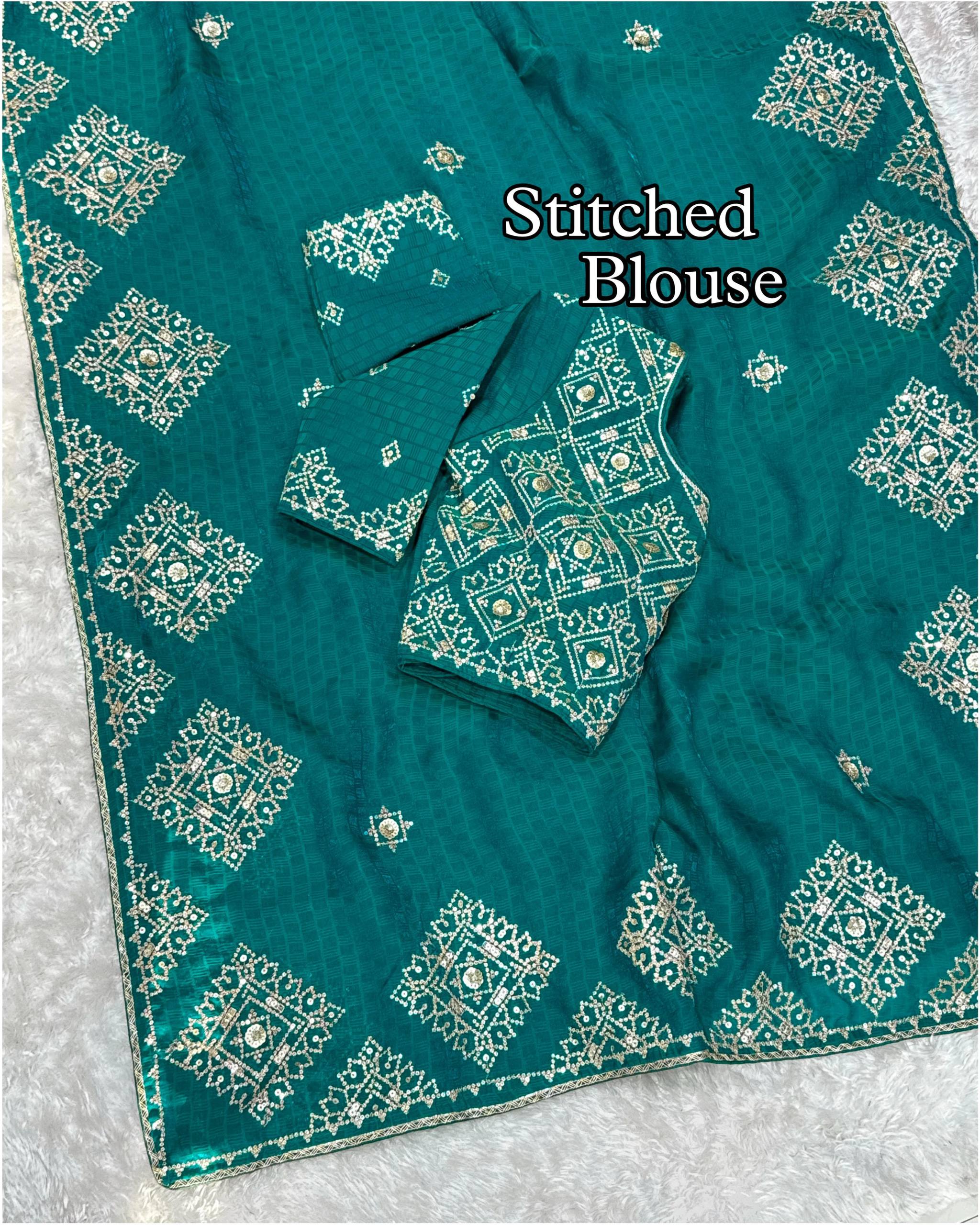 Party Wear Jacquard Satin Embriodered Saree With Stitched Blouse