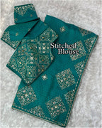 Party Wear Jacquard Satin Embriodered Saree With Stitched Blouse