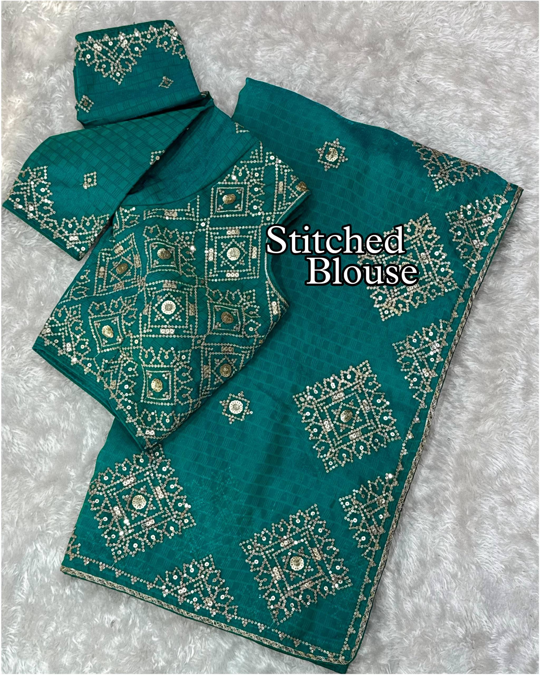 Party Wear Jacquard Satin Embriodered Saree With Stitched Blouse