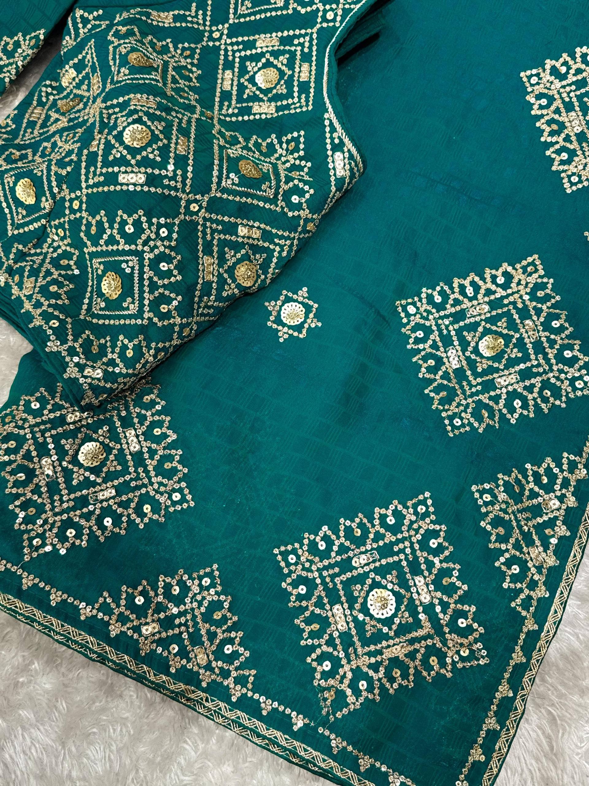 Party Wear Jacquard Satin Embriodered Saree With Stitched Blouse