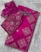 Party Wear Jacquard Satin Embriodered Saree With Stitched Blouse