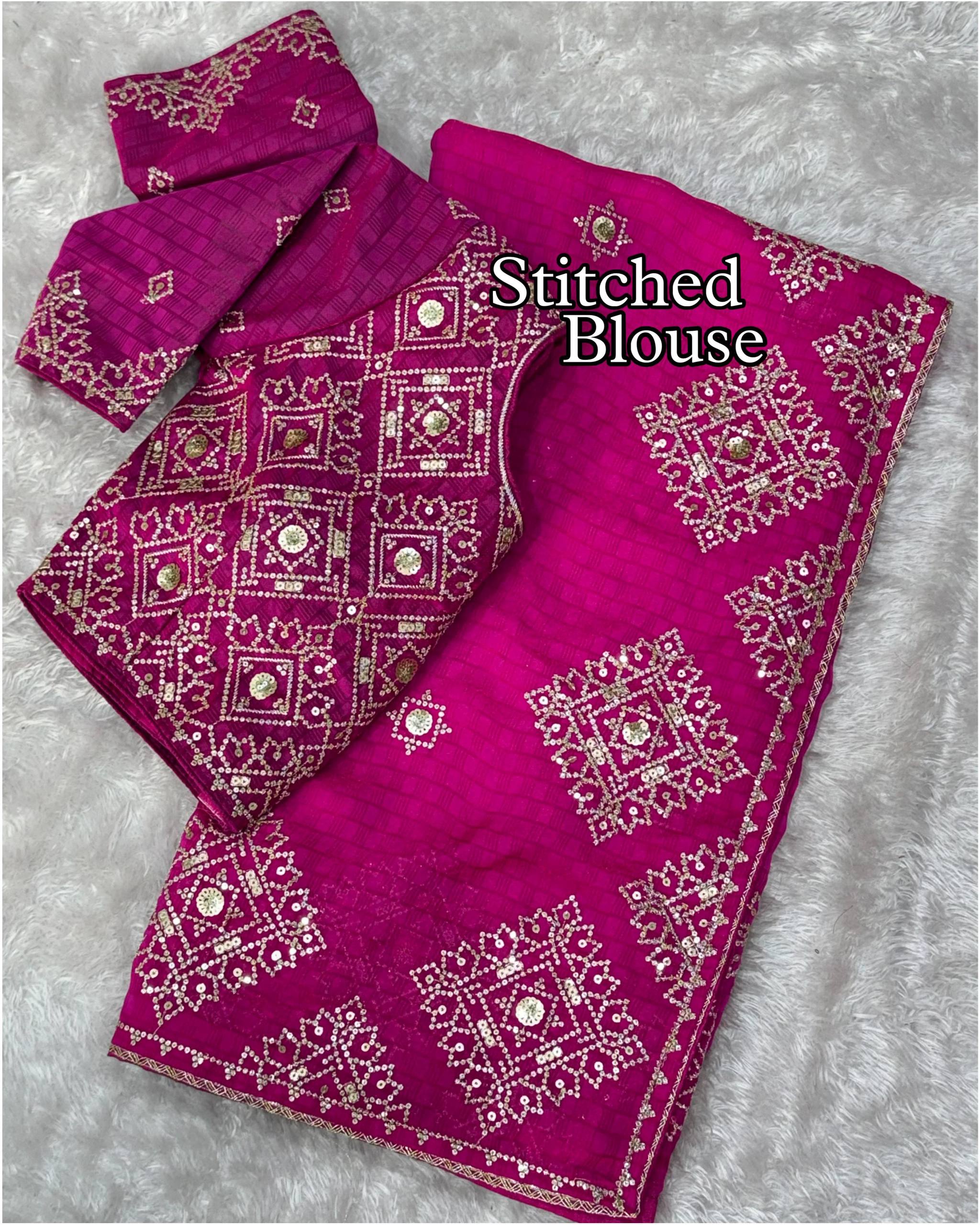 Party Wear Jacquard Satin Embriodered Saree With Stitched Blouse