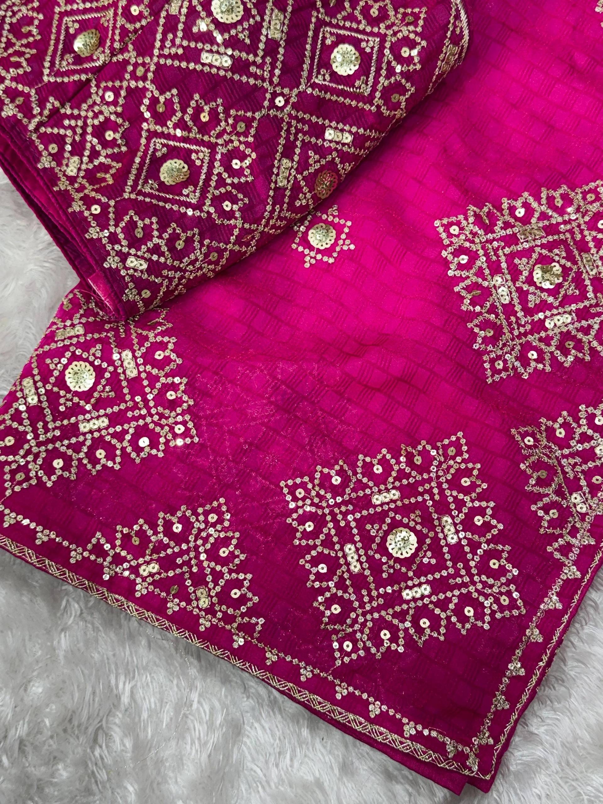 Party Wear Jacquard Satin Embriodered Saree With Stitched Blouse