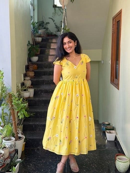 Yellow Cotton Floral Embriodery Maxi Dress