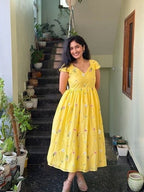 Yellow Cotton Floral Embriodery Maxi Dress