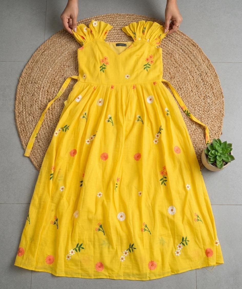 Yellow Cotton Floral Embriodery Maxi Dress