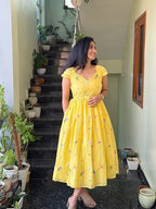 Yellow Cotton Floral Embriodery Maxi Dress