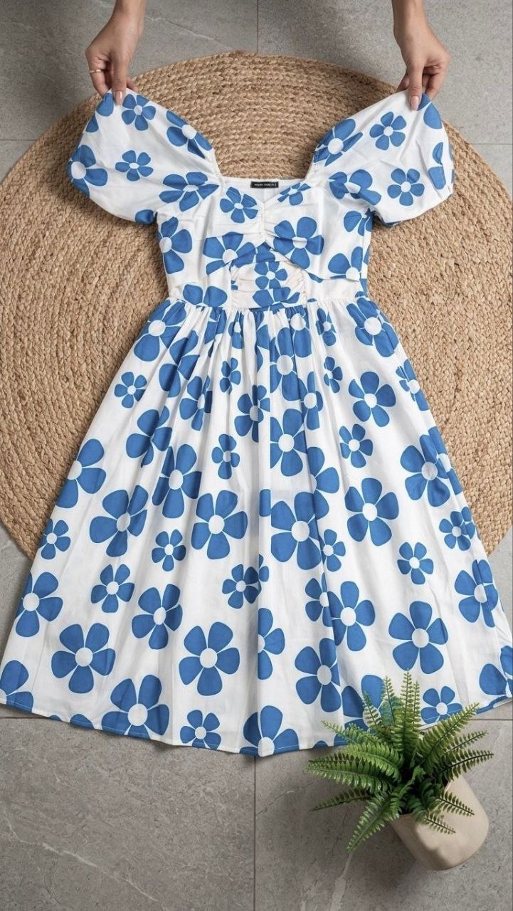 Sky Blue Cotton Floral Print Maxi Dress