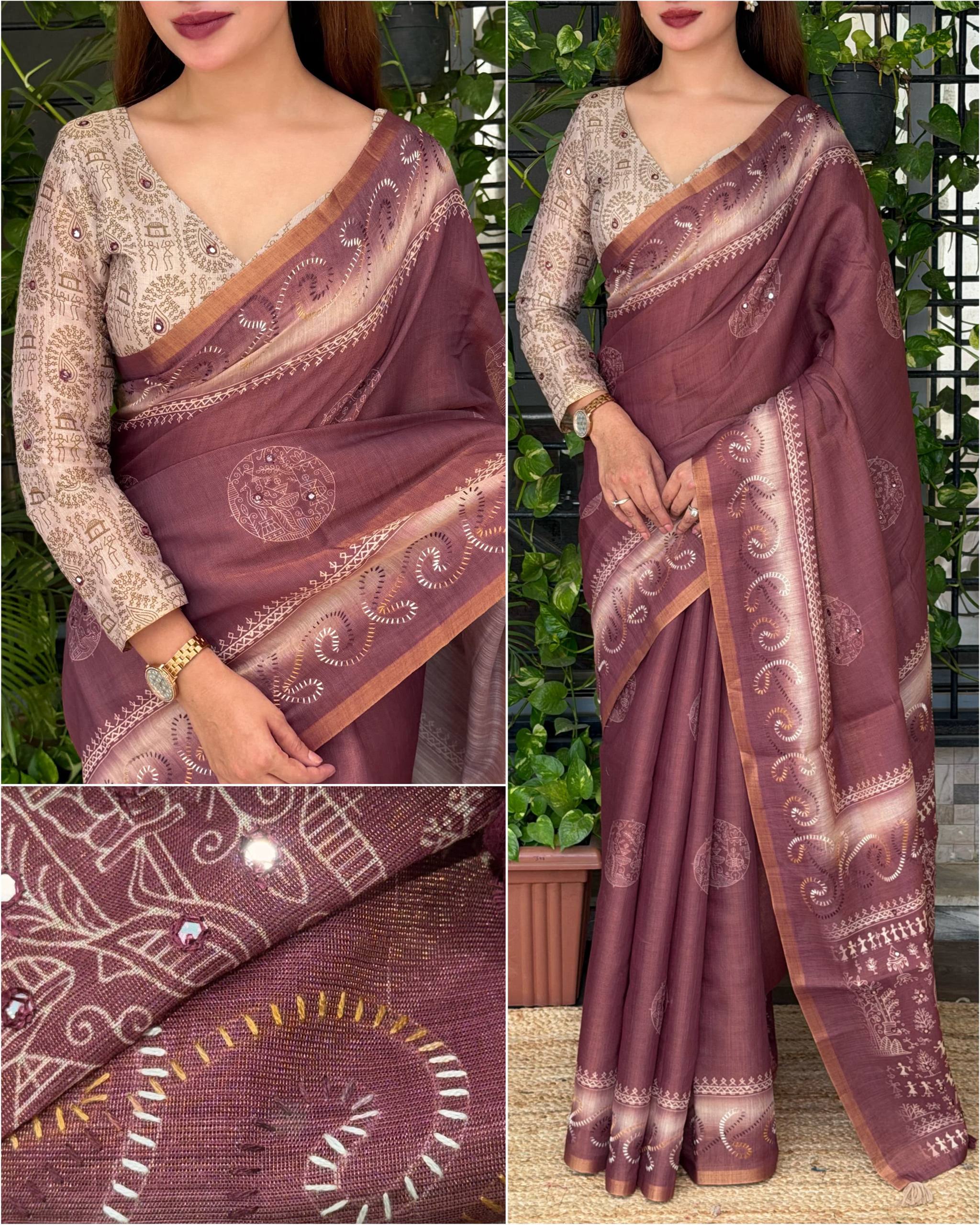 Dusty Jacquard Silk Kantha Work Saree With Blouse