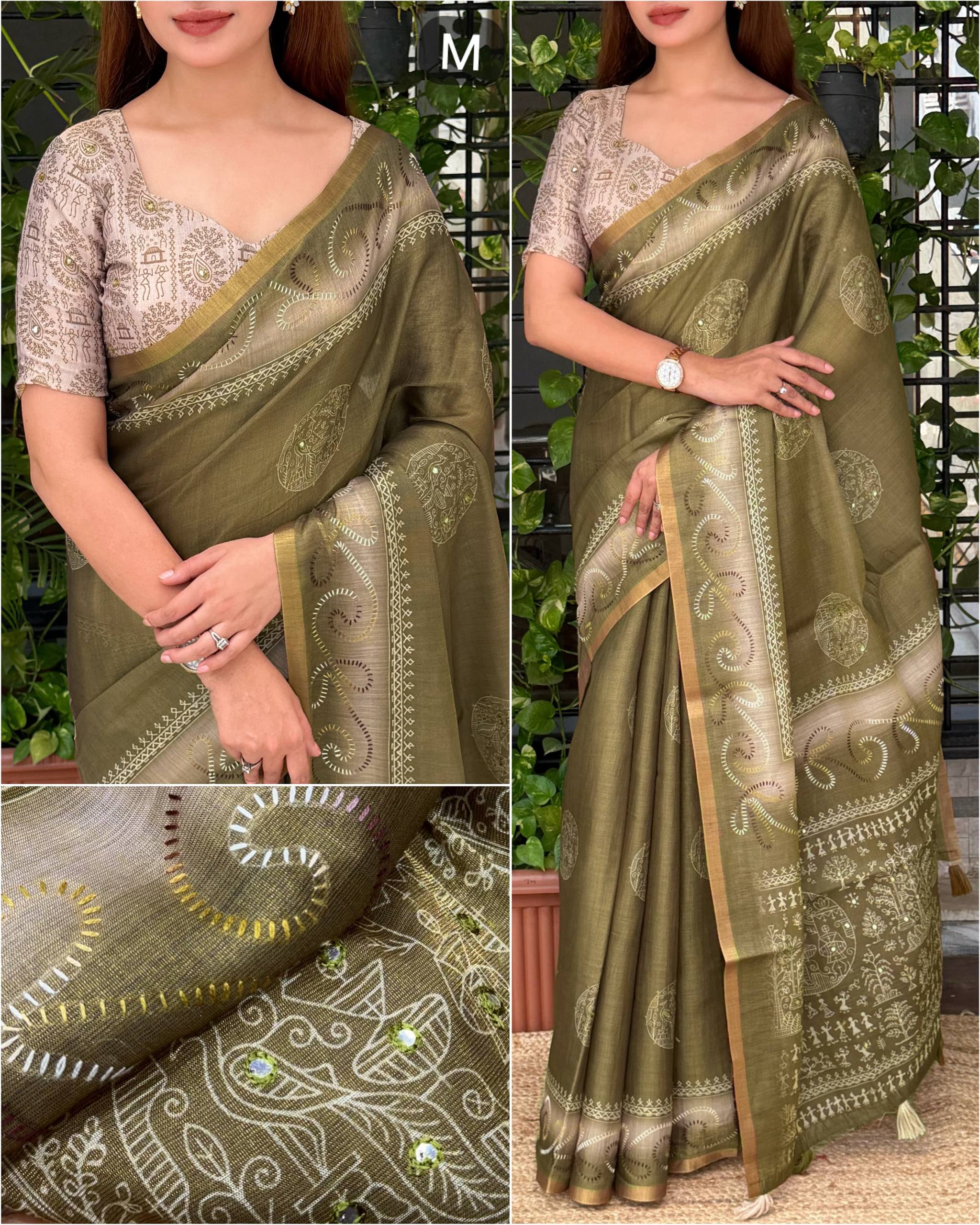 Dusty Jacquard Silk Kantha Work Saree With Blouse