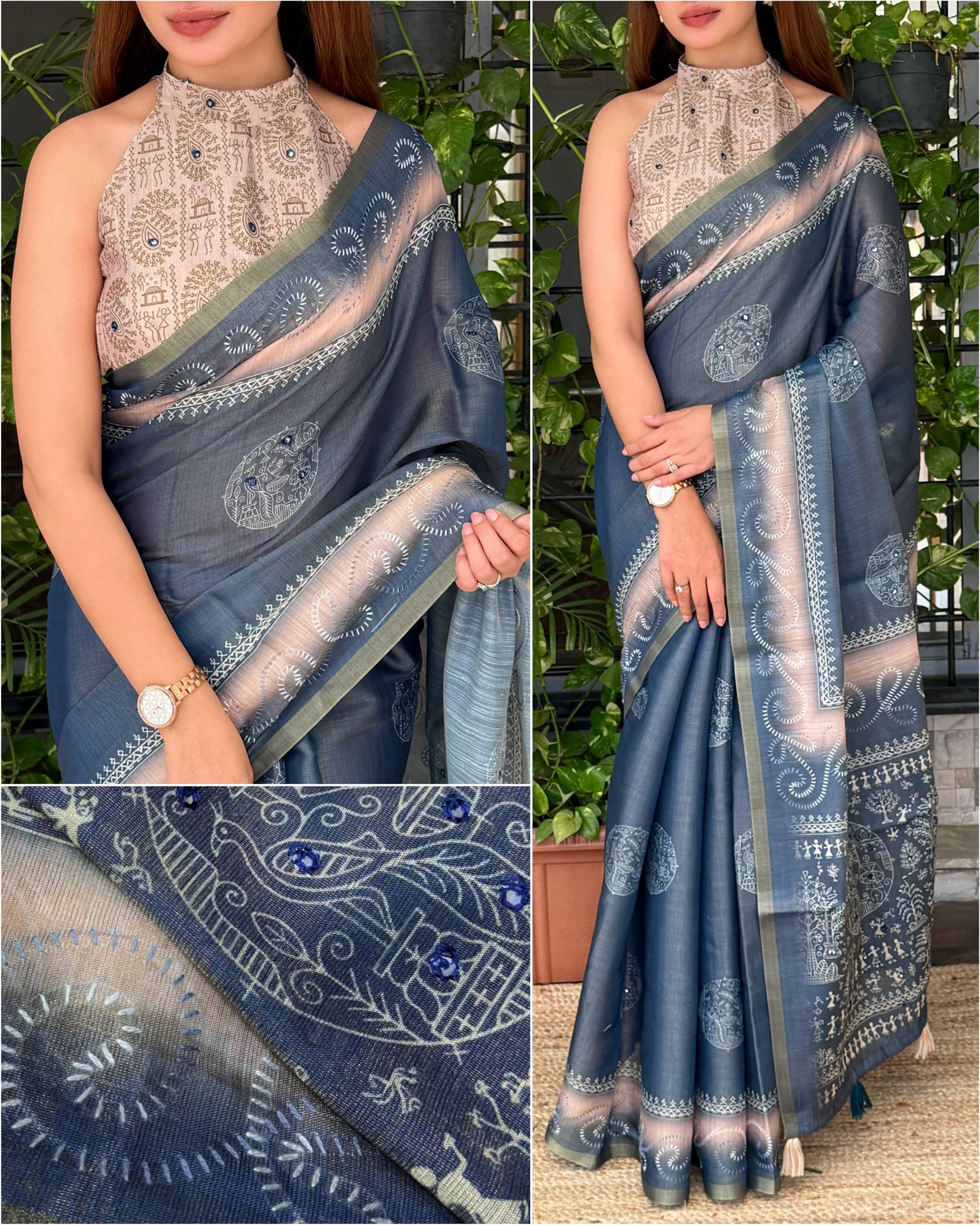 Dusty Jacquard Silk Kantha Work Saree With Blouse