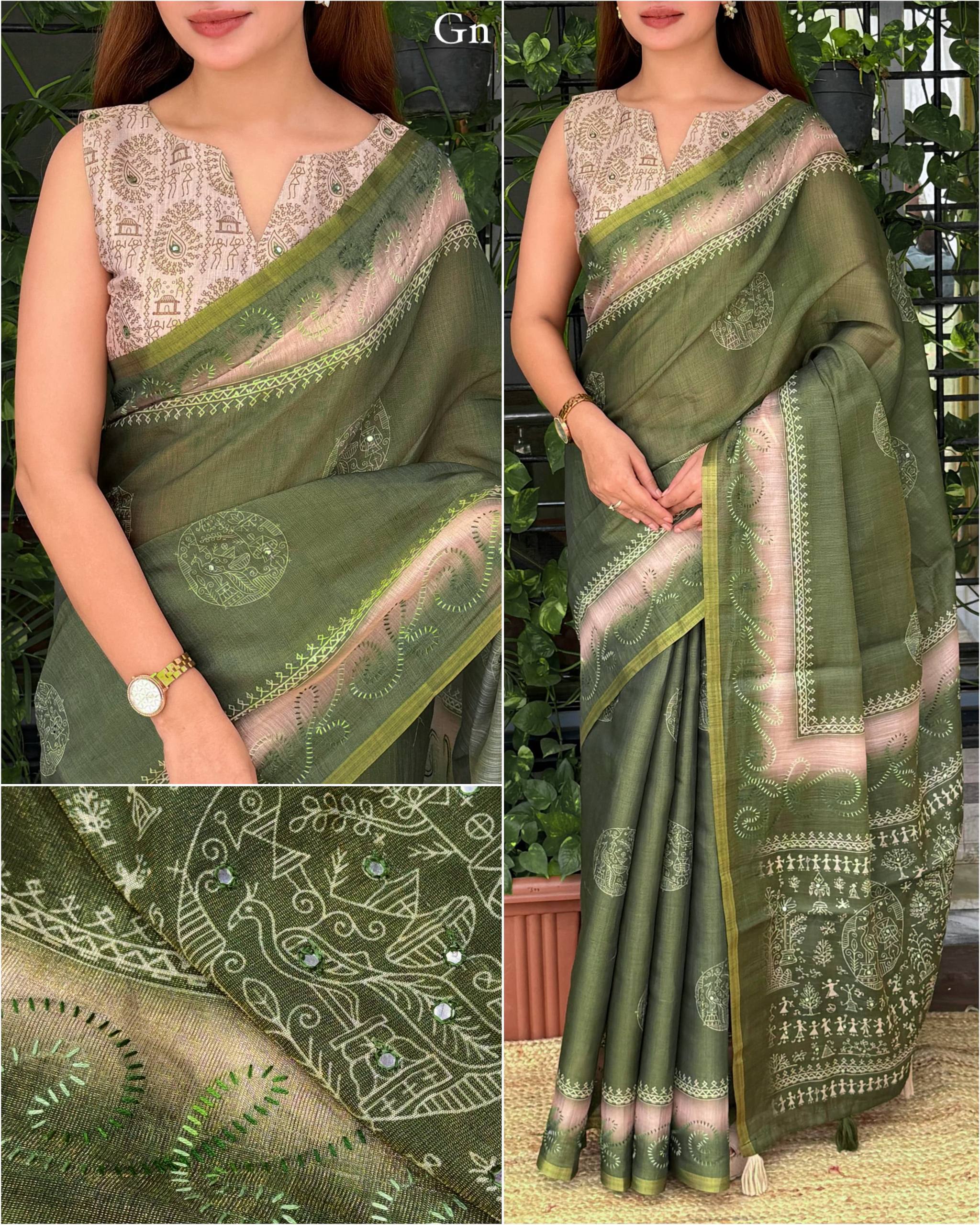 Dusty Jacquard Silk Kantha Work Saree With Blouse