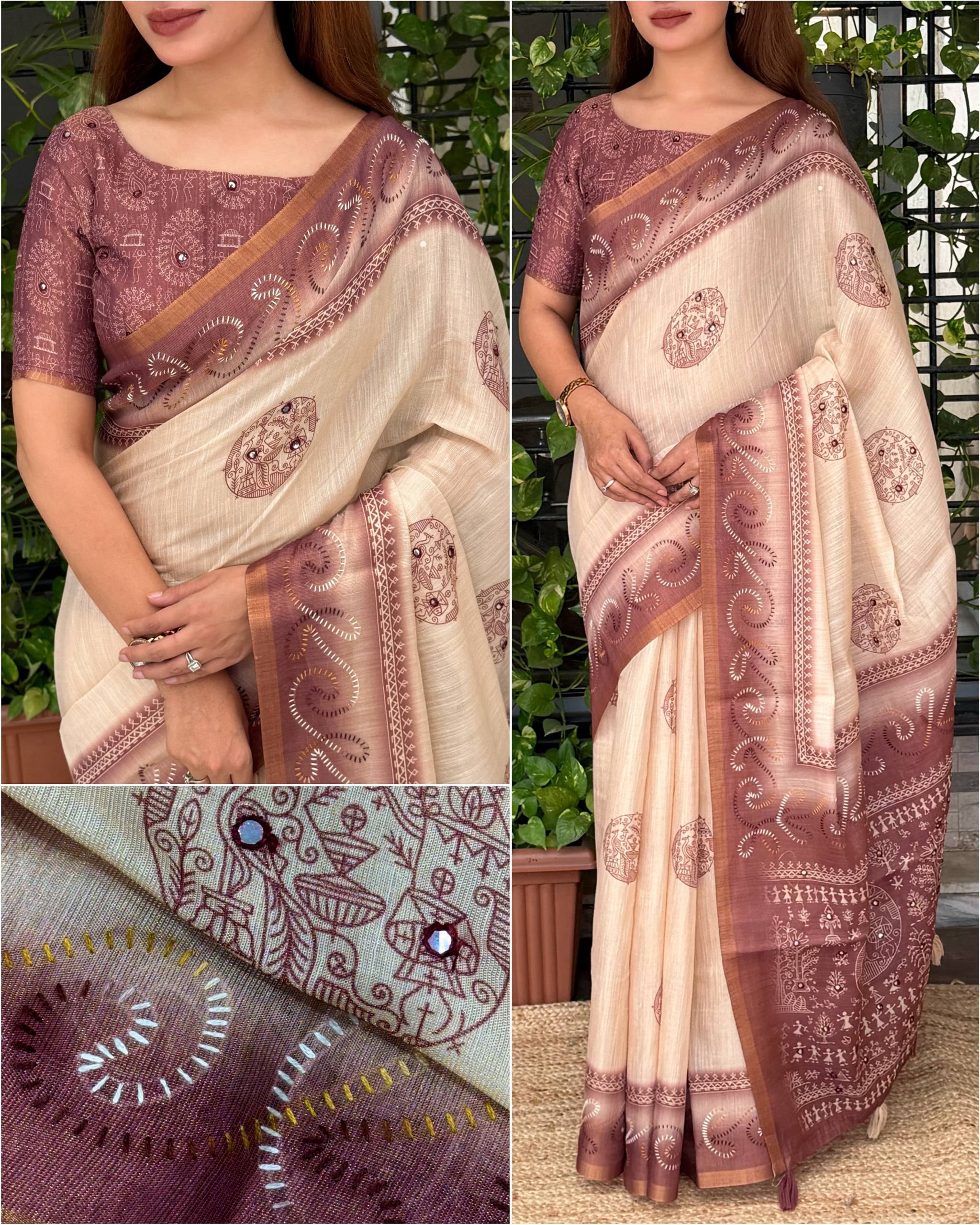 Dusty Jacquard Silk Kantha Work Saree With Blouse