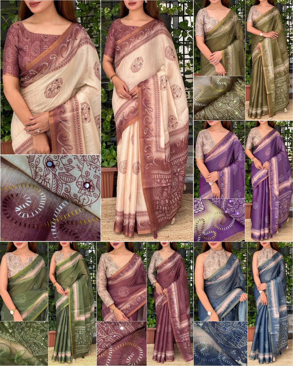Dusty Jacquard Silk Kantha Work Saree With Blouse