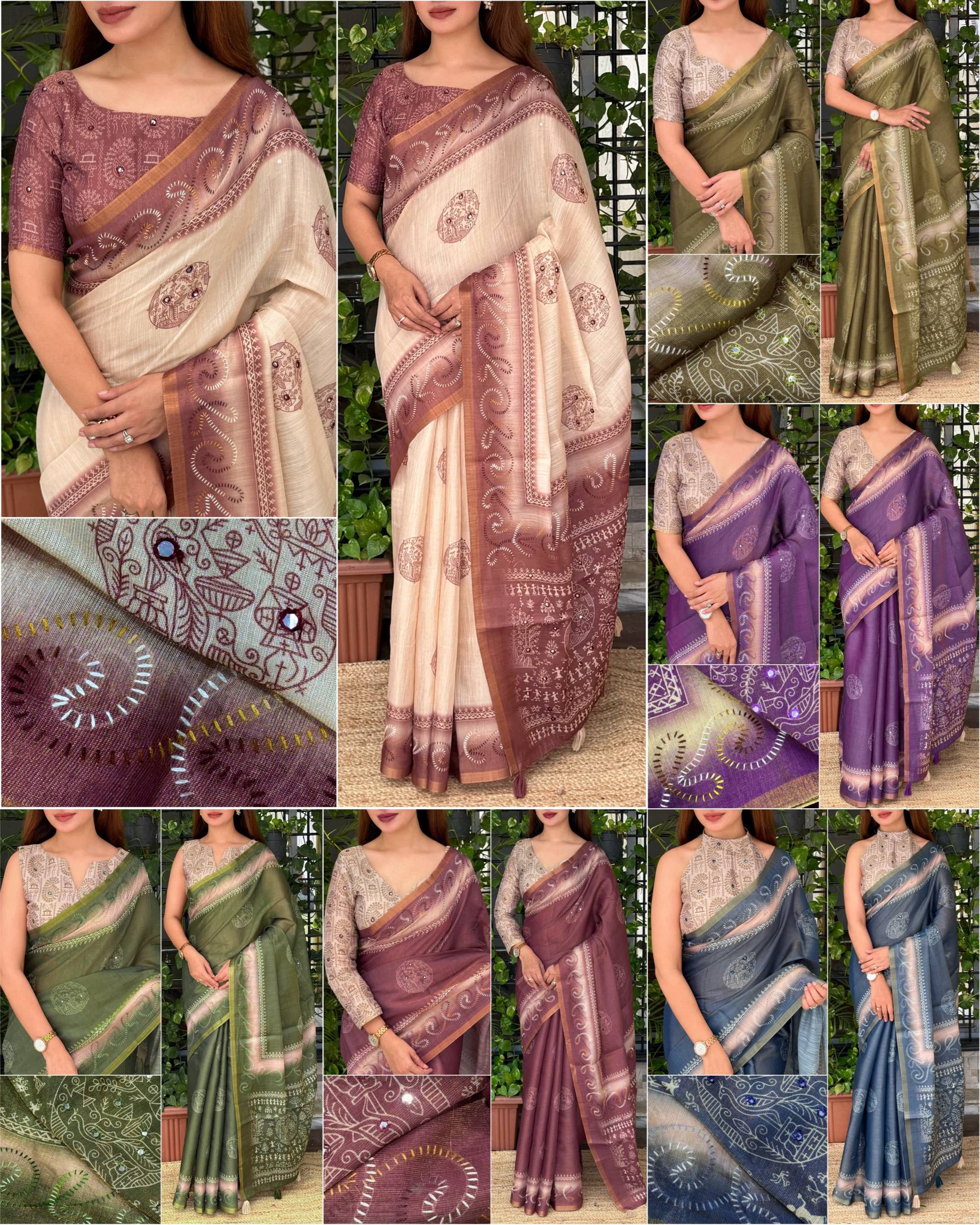 Dusty Jacquard Silk Kantha Work Saree With Blouse