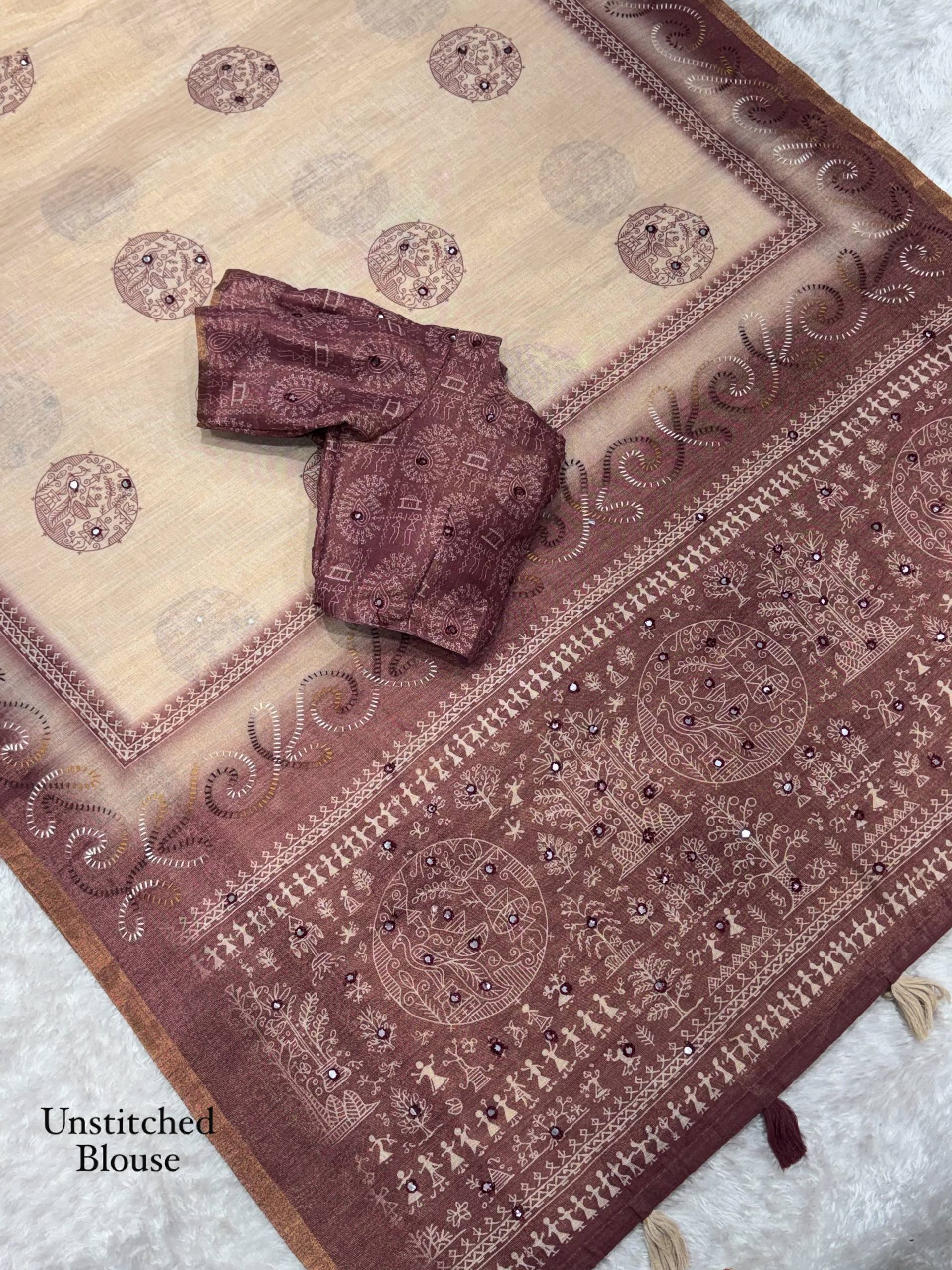 Dusty Jacquard Silk Kantha Work Saree With Blouse