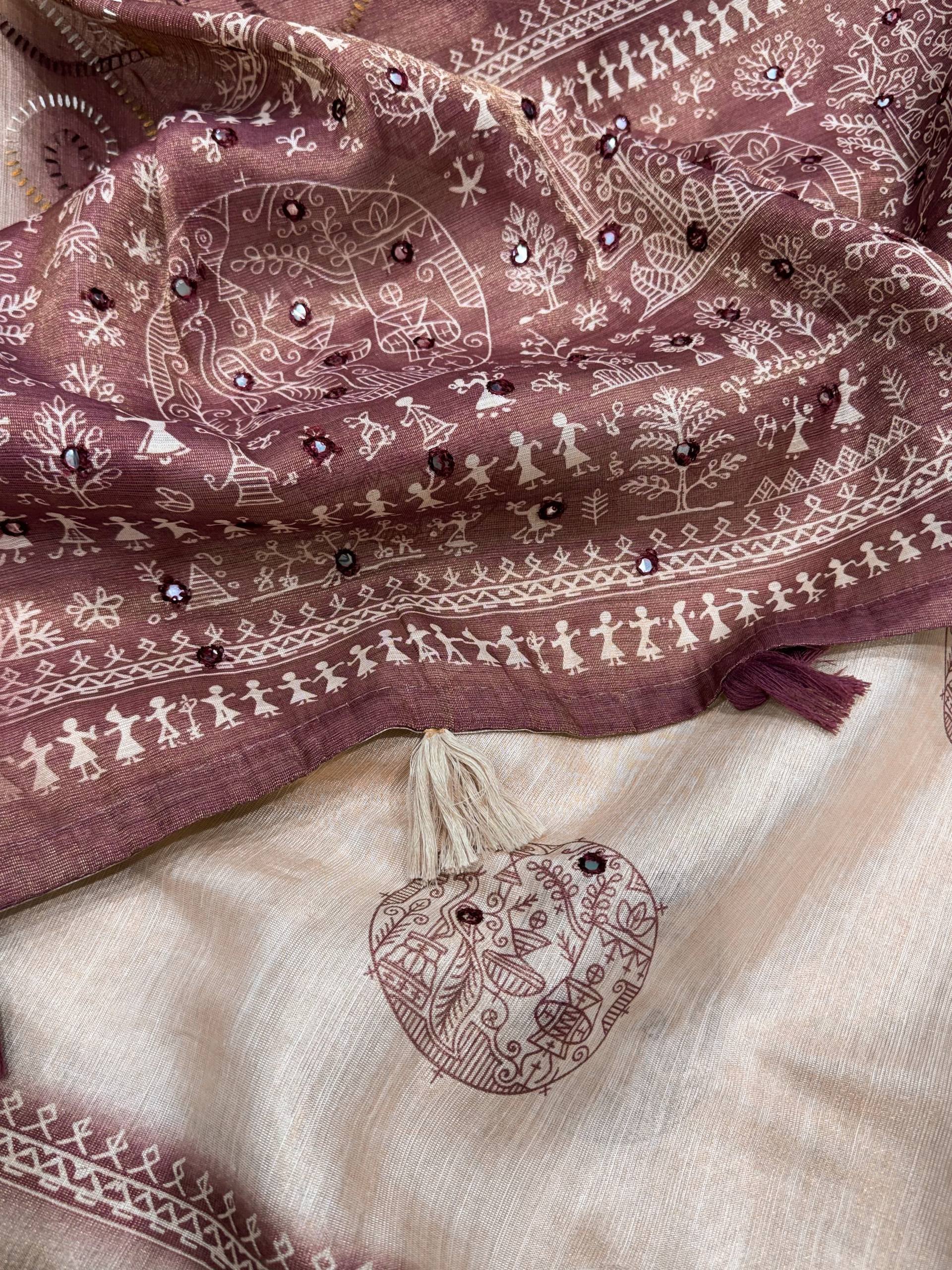 Dusty Jacquard Silk Kantha Work Saree With Blouse