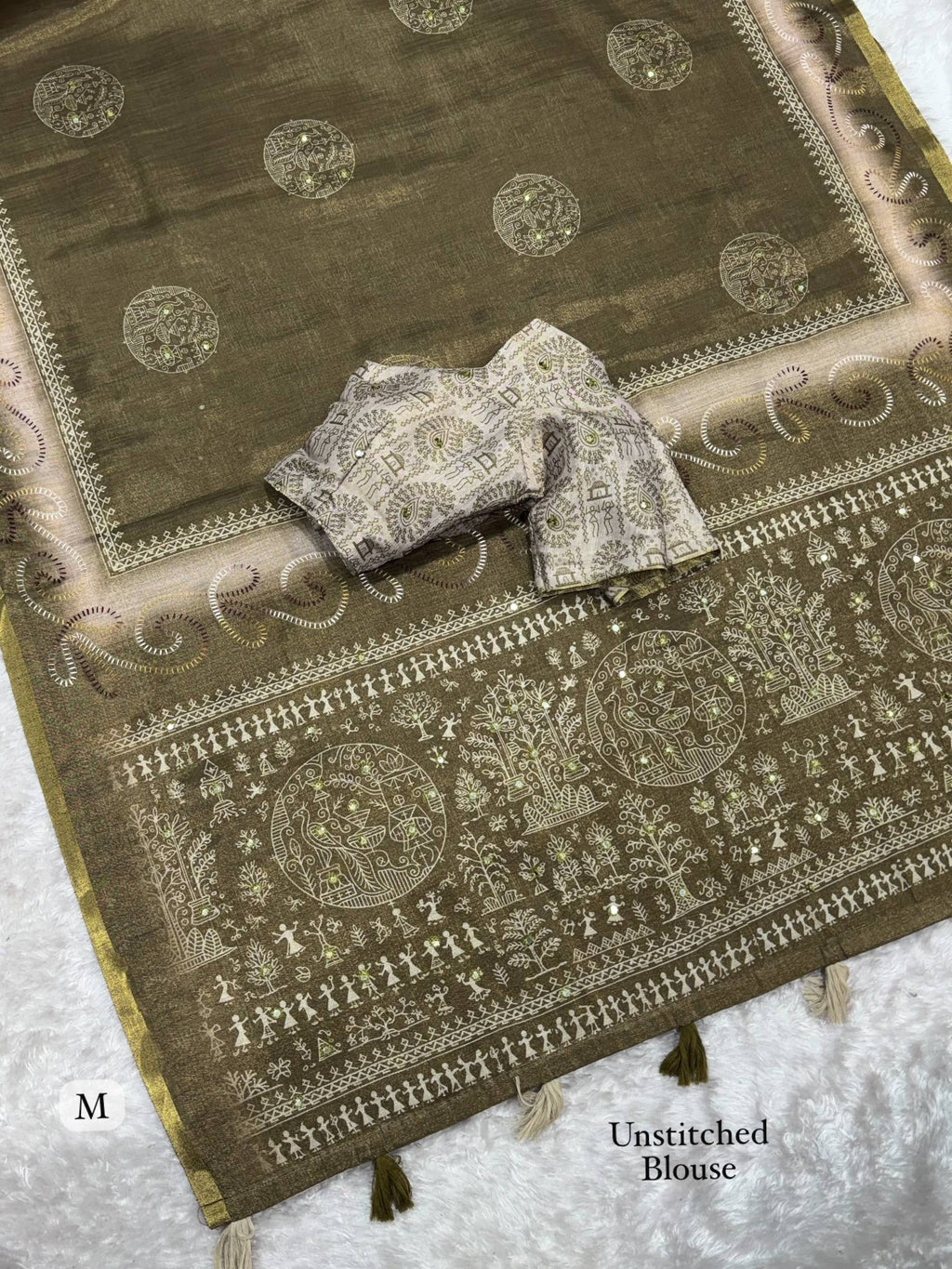 Dusty Jacquard Silk Kantha Work Saree With Blouse
