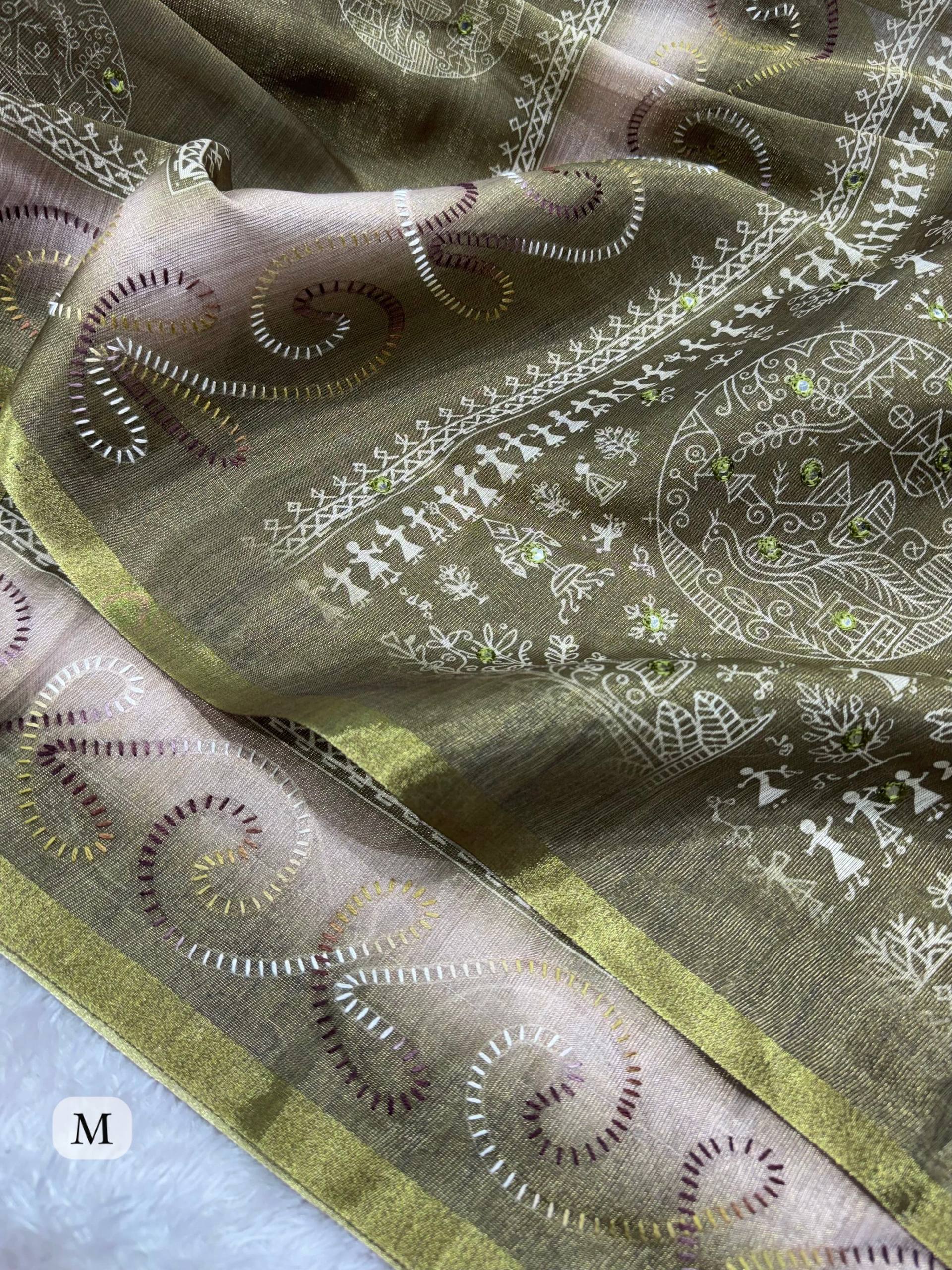 Dusty Jacquard Silk Kantha Work Saree With Blouse