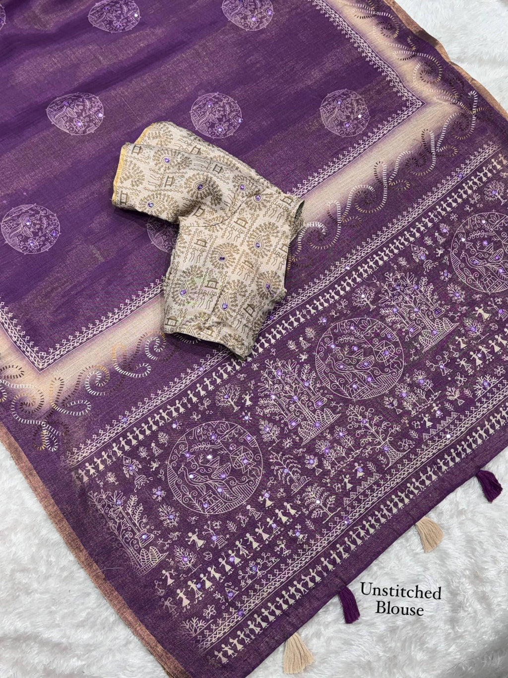 Dusty Jacquard Silk Kantha Work Saree With Blouse