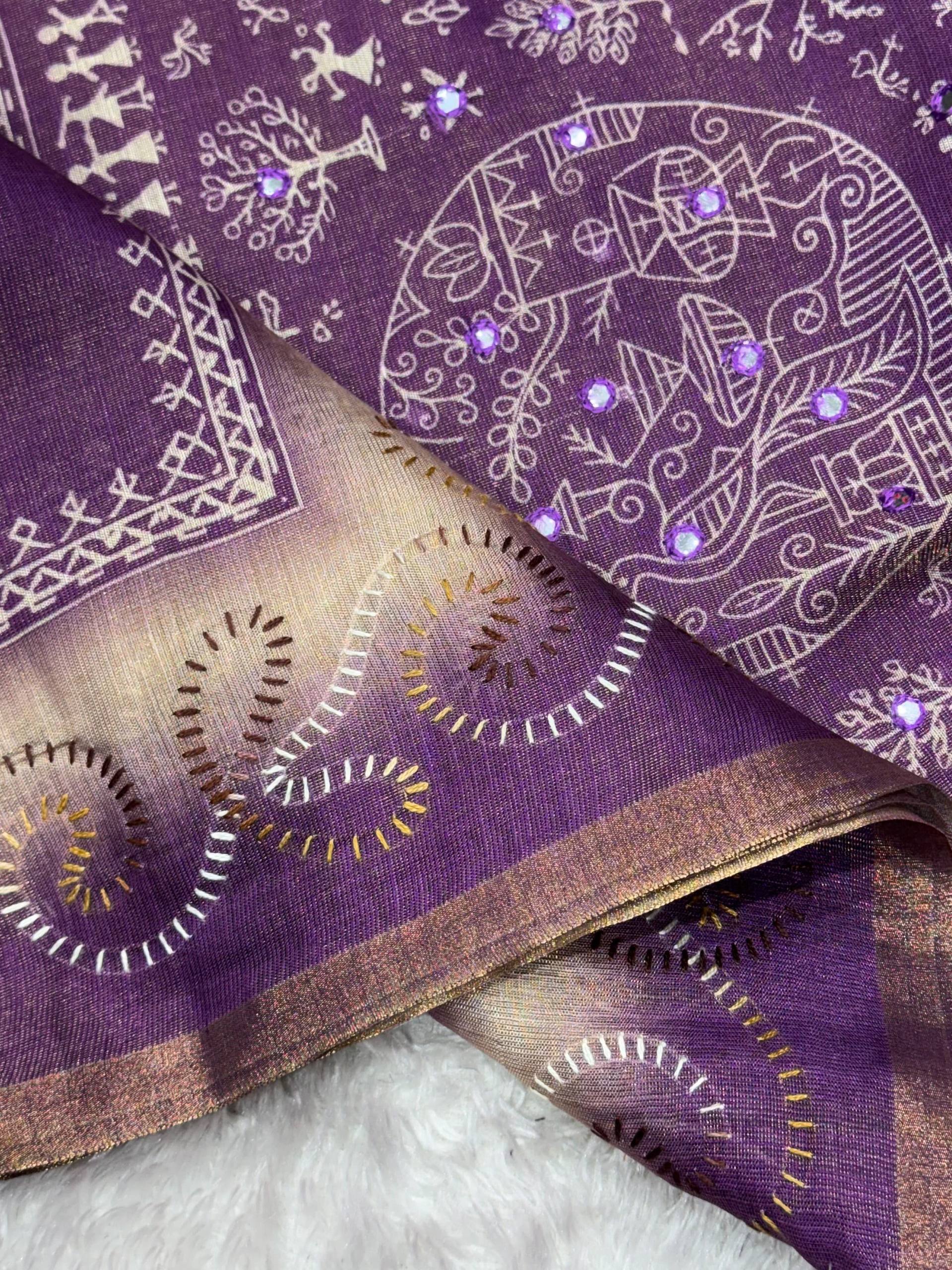 Dusty Jacquard Silk Kantha Work Saree With Blouse