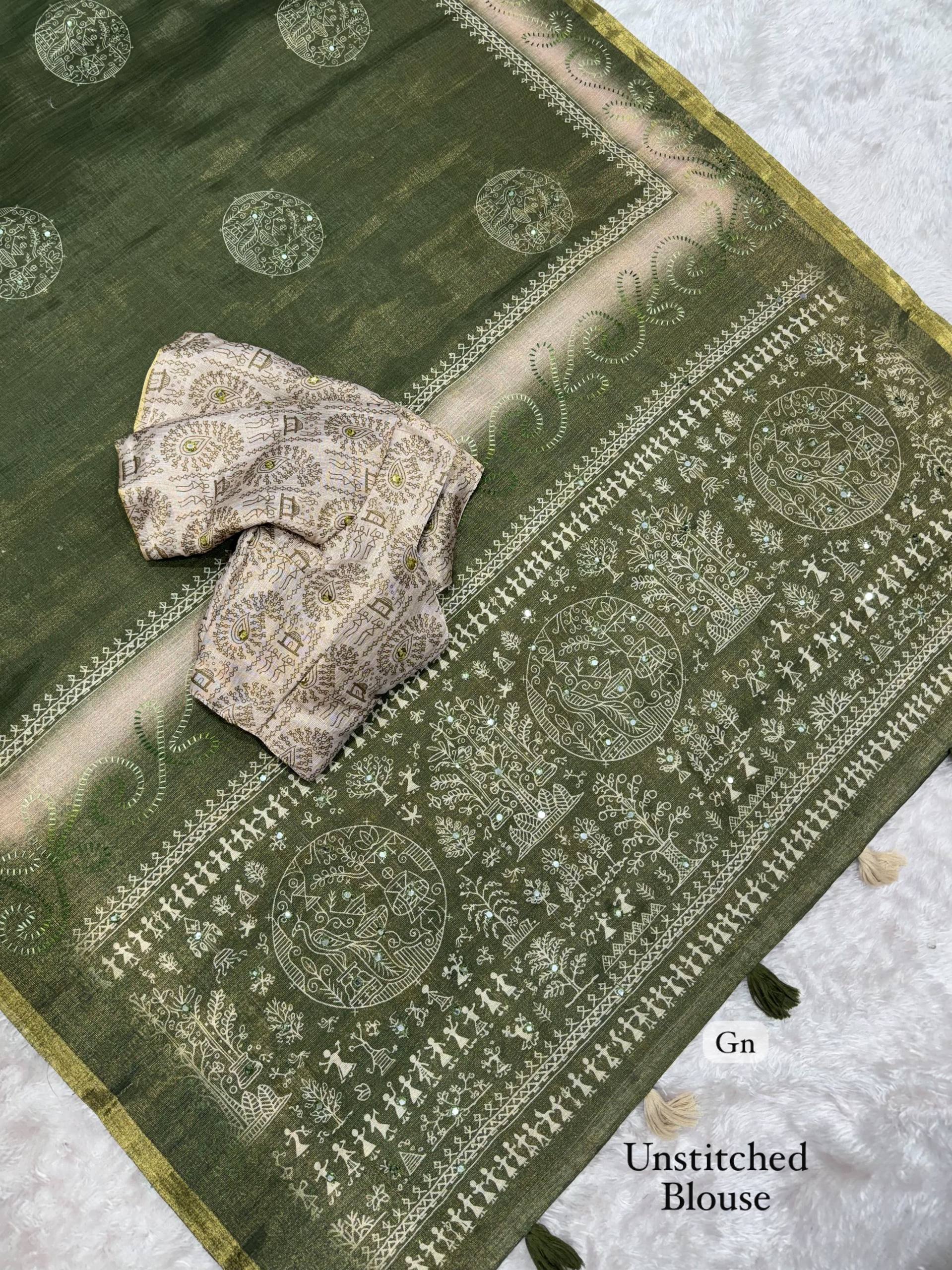 Dusty Jacquard Silk Kantha Work Saree With Blouse