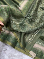 Dusty Jacquard Silk Kantha Work Saree With Blouse
