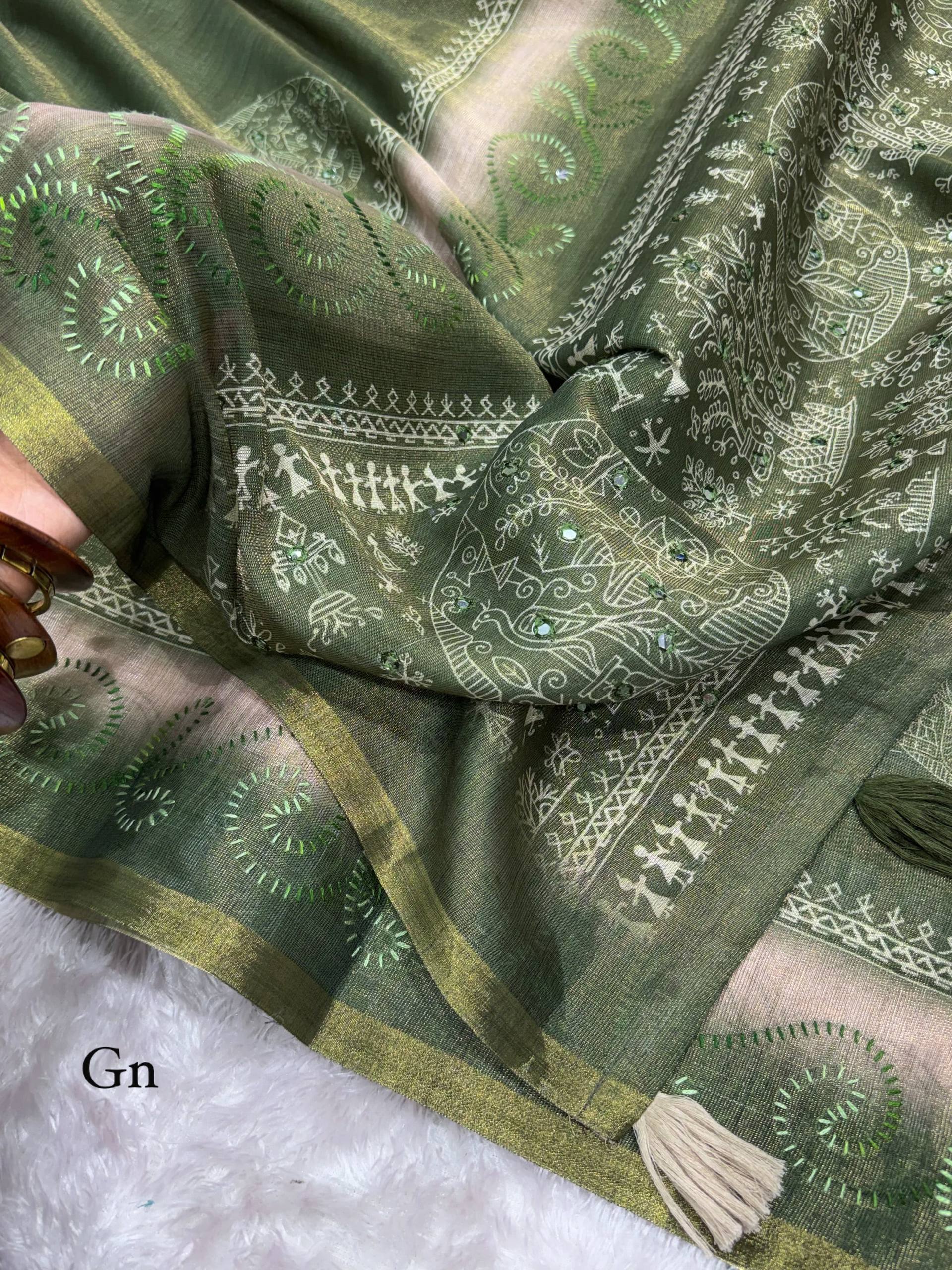 Dusty Jacquard Silk Kantha Work Saree With Blouse