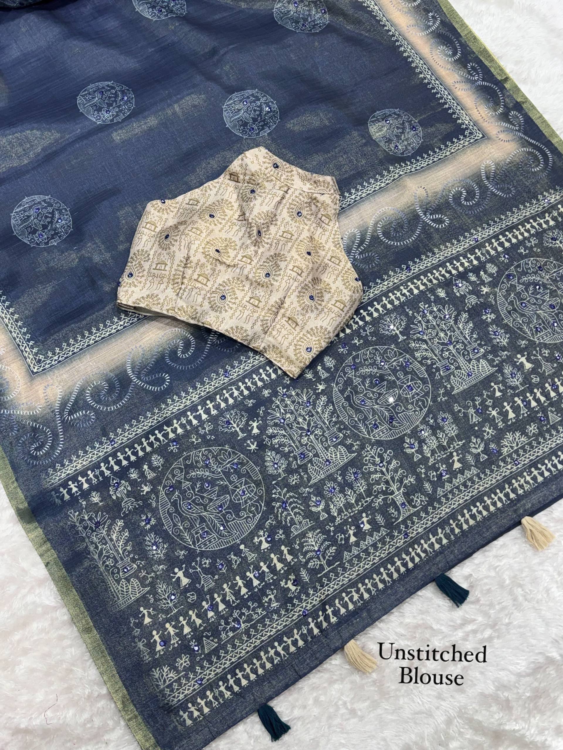 Dusty Jacquard Silk Kantha Work Saree With Blouse