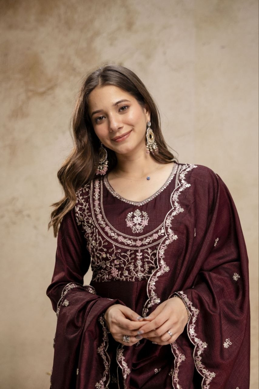 Vichitra Silk Embroidery Anarkali Suit Set