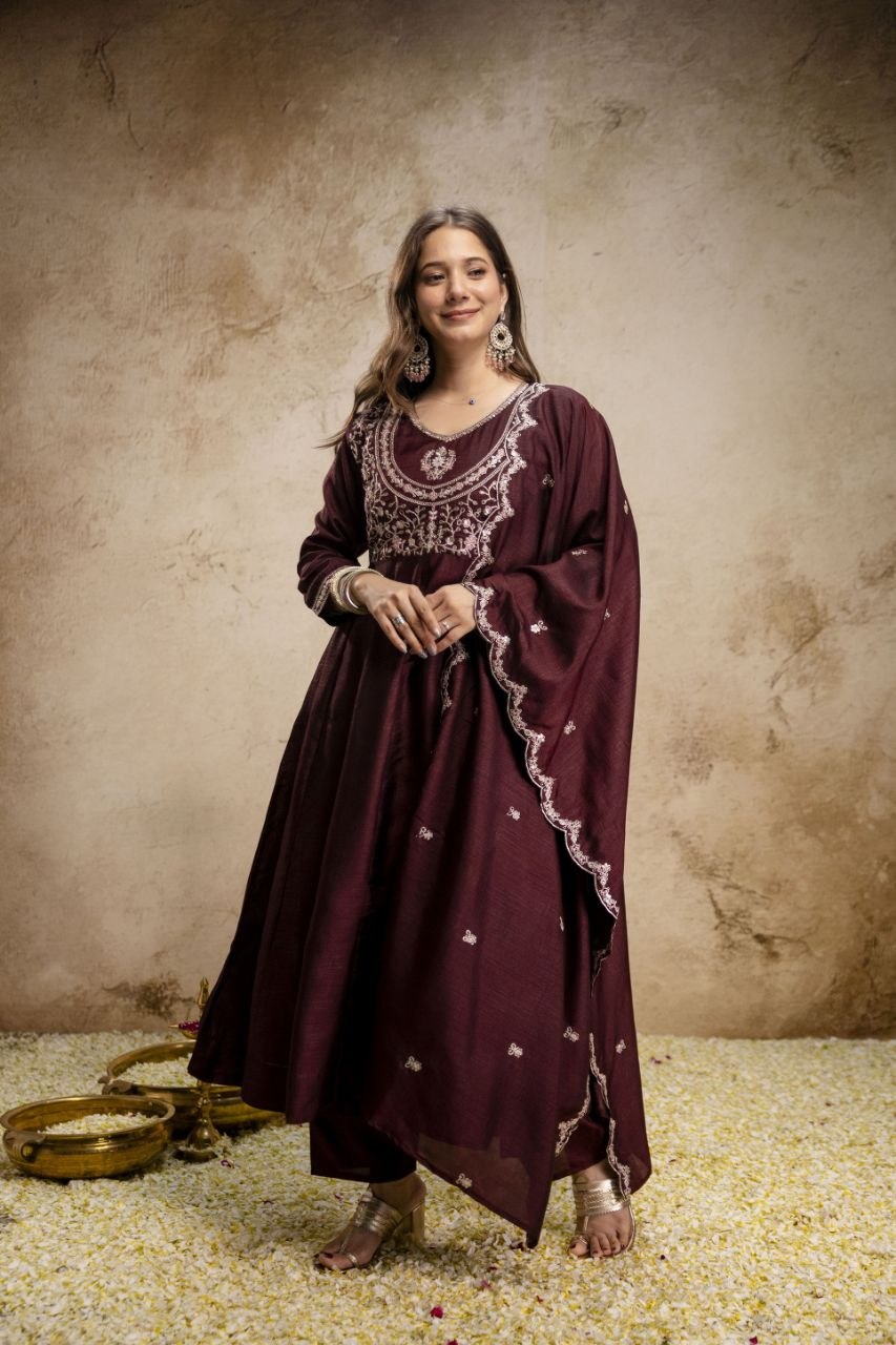 Vichitra Silk Embroidery Anarkali Suit Set