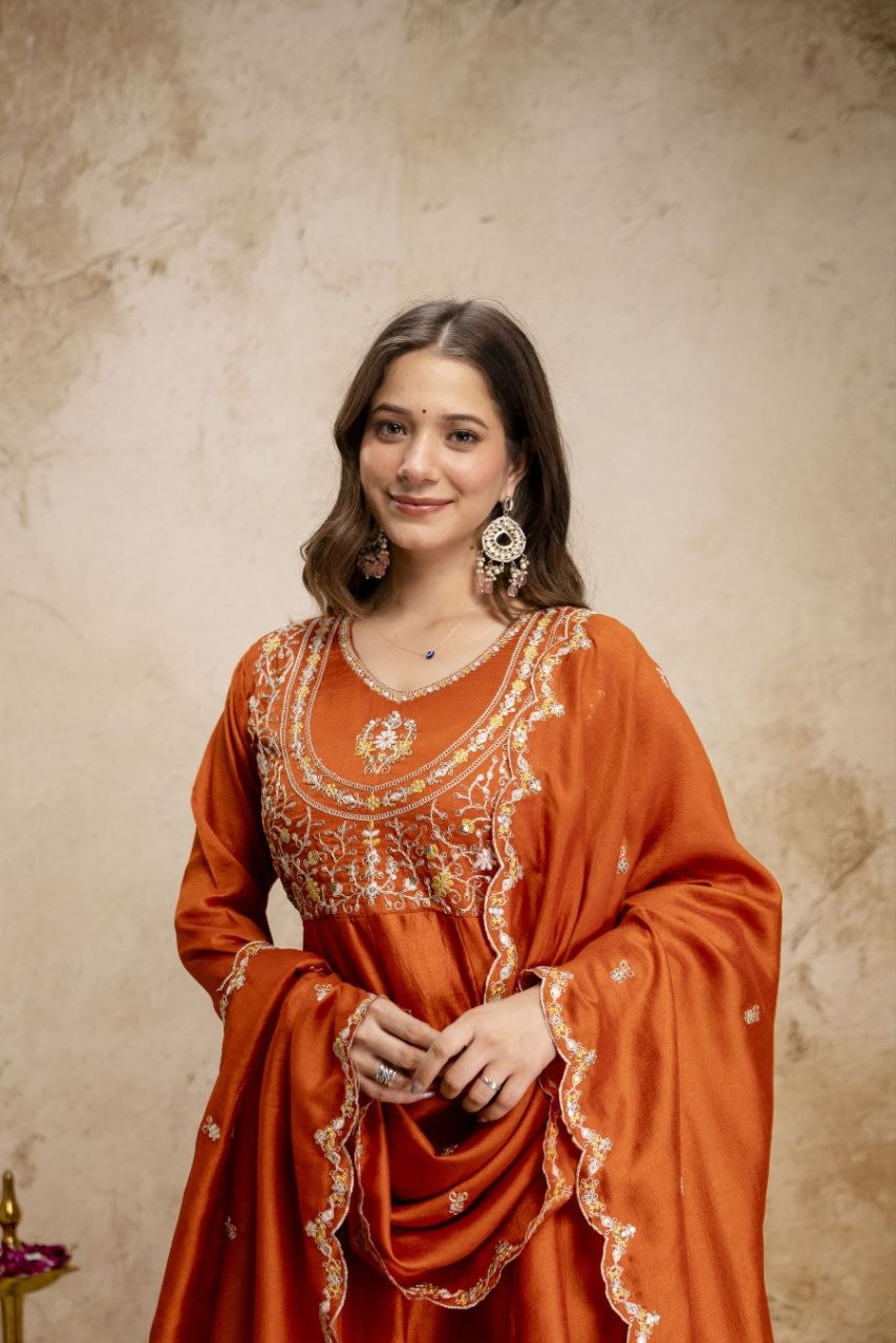 Vichitra Silk Embroidery Anarkali Suit Set