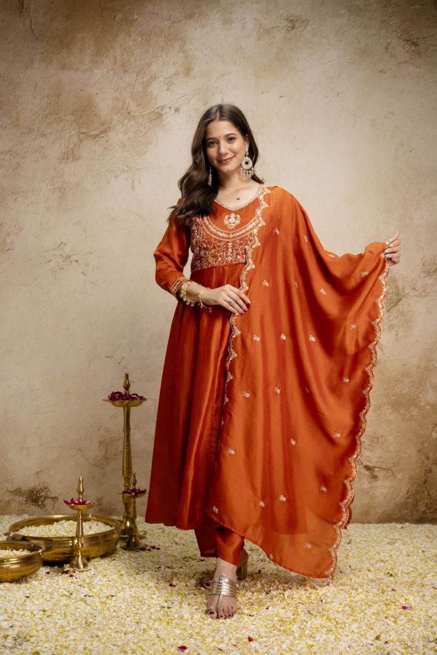 Vichitra Silk Embroidery Anarkali Suit Set