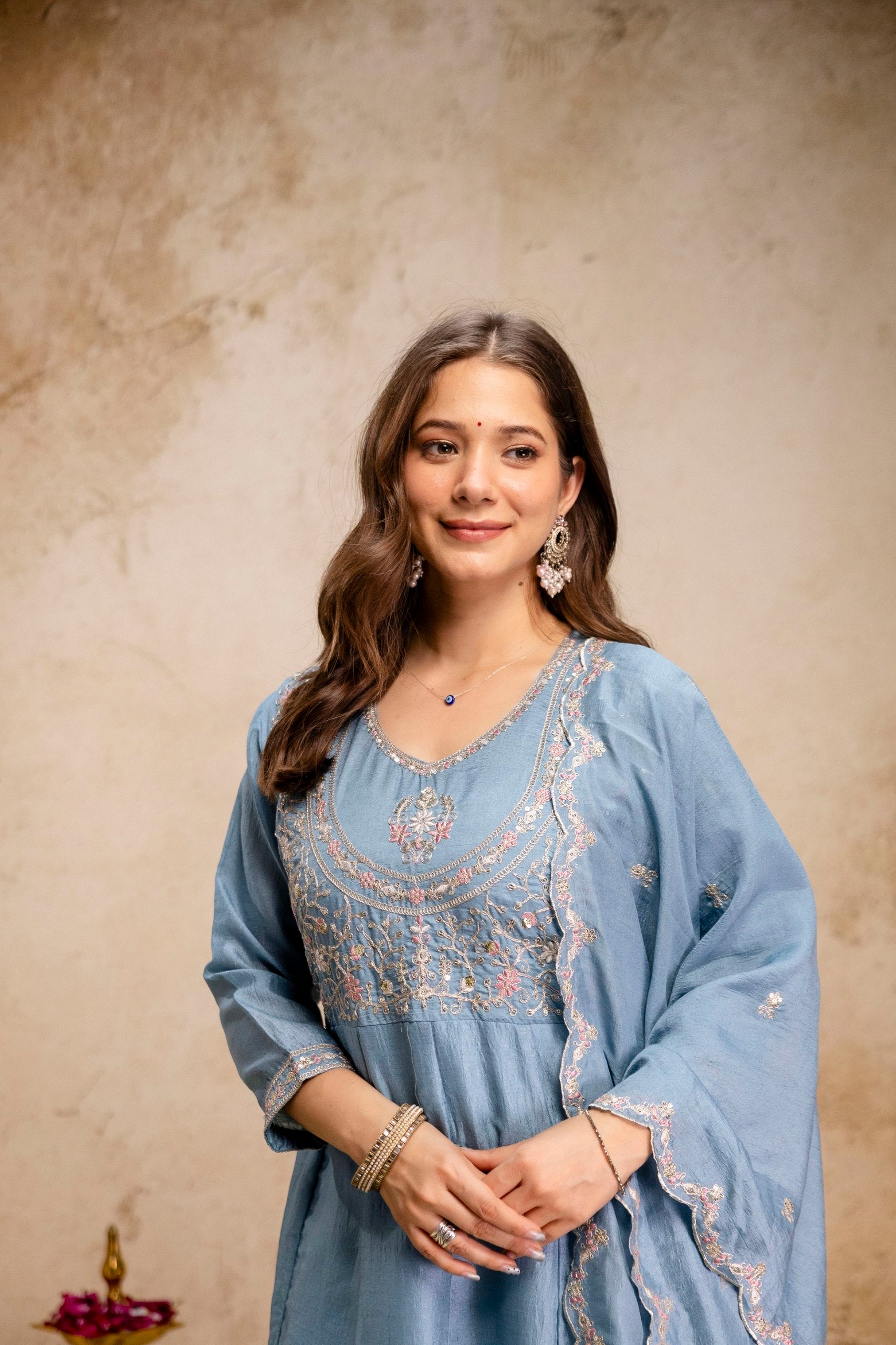 Vichitra Silk Embroidery Anarkali Suit Set