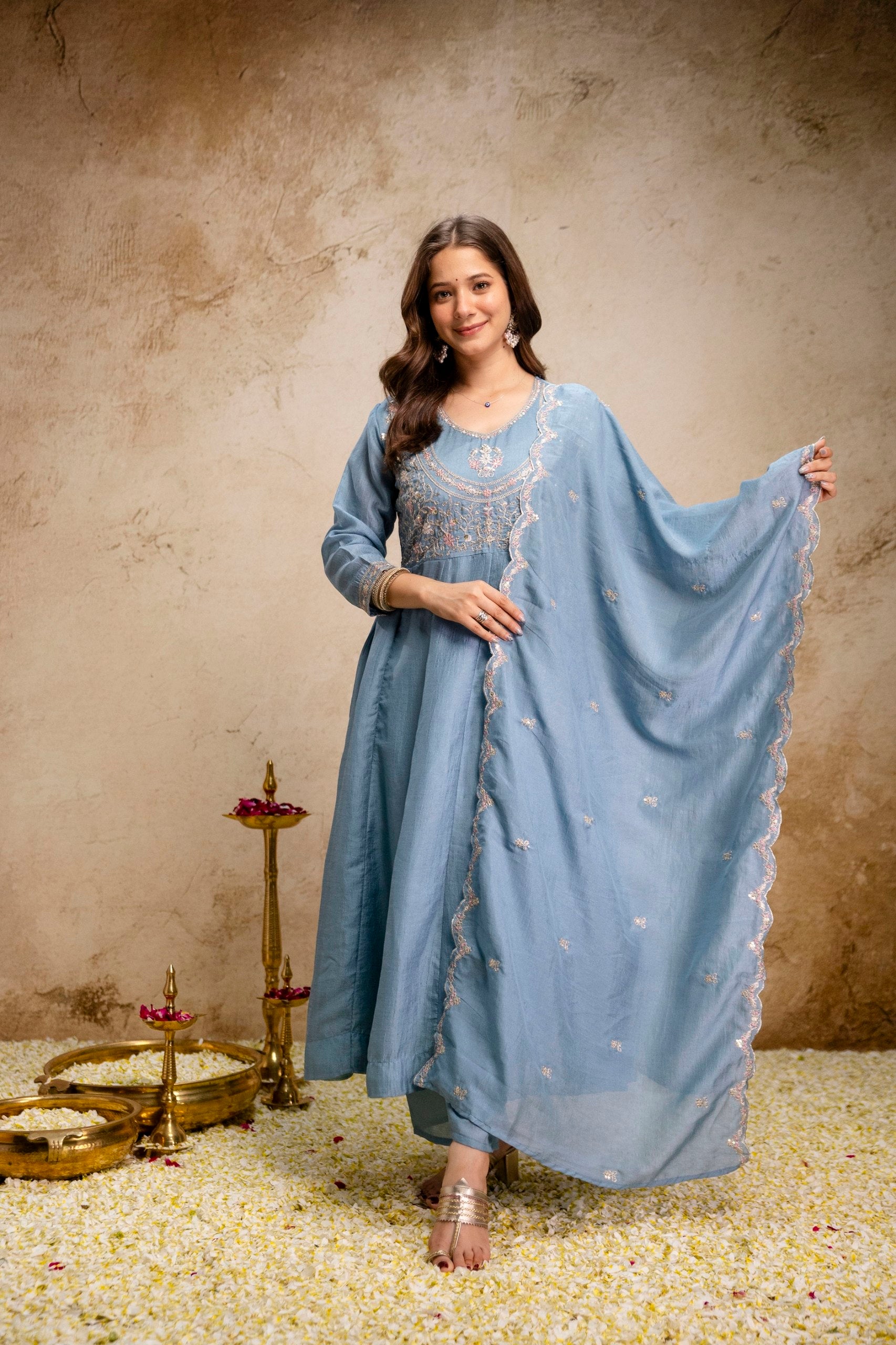 Vichitra Silk Embroidery Anarkali Suit Set