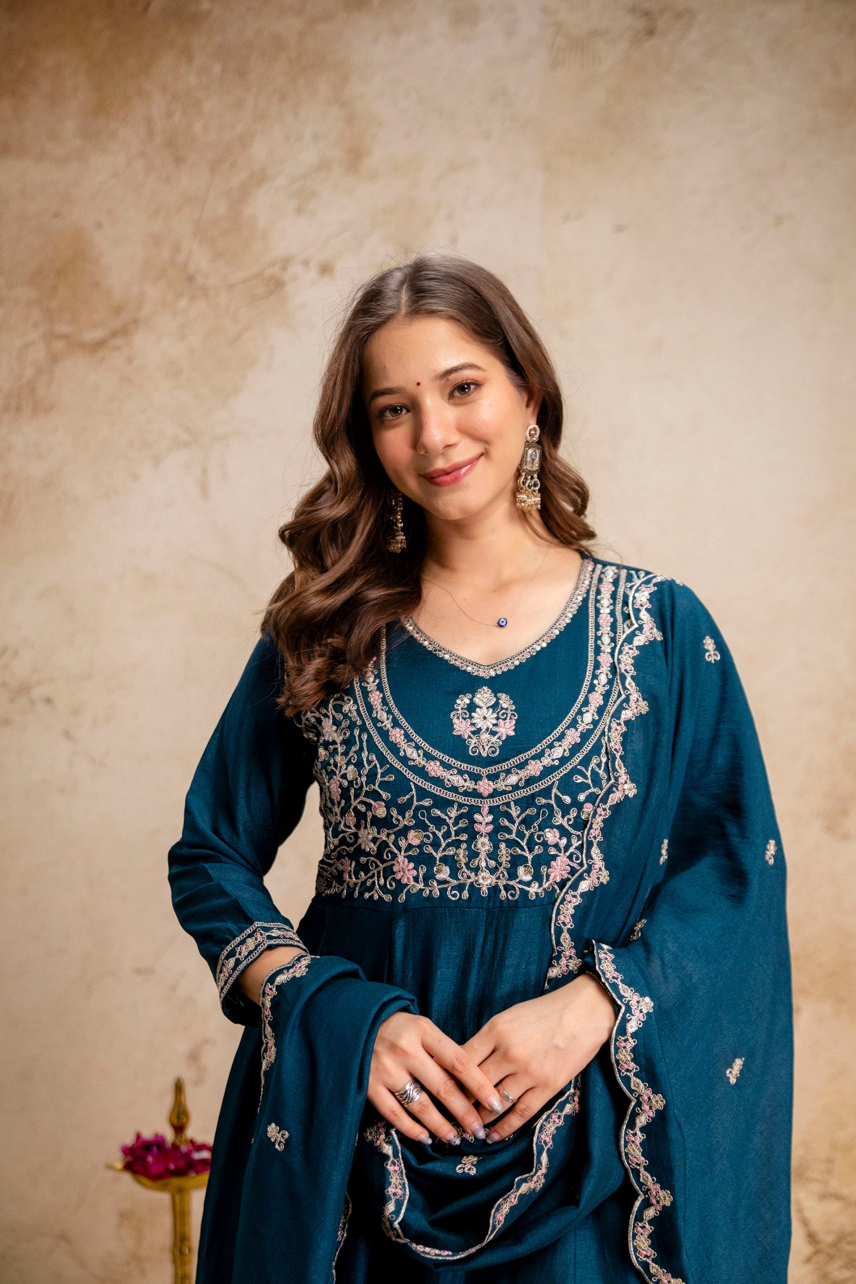 Vichitra Silk Embroidery Anarkali Suit Set