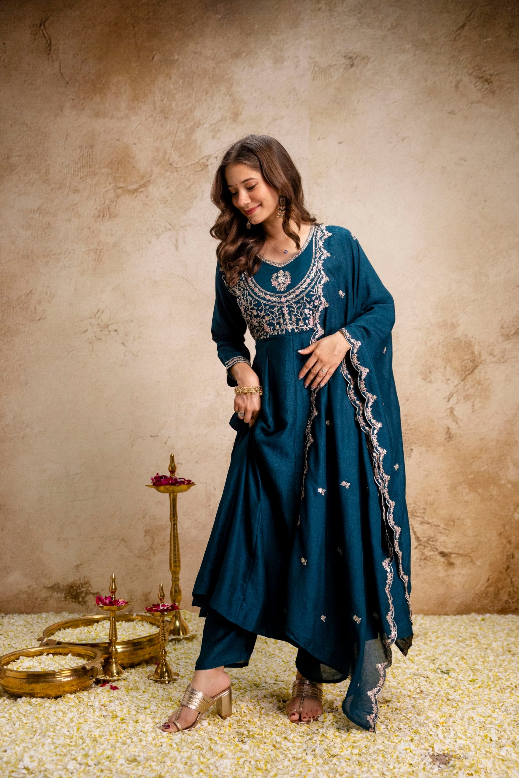 Vichitra Silk Embroidery Anarkali Suit Set