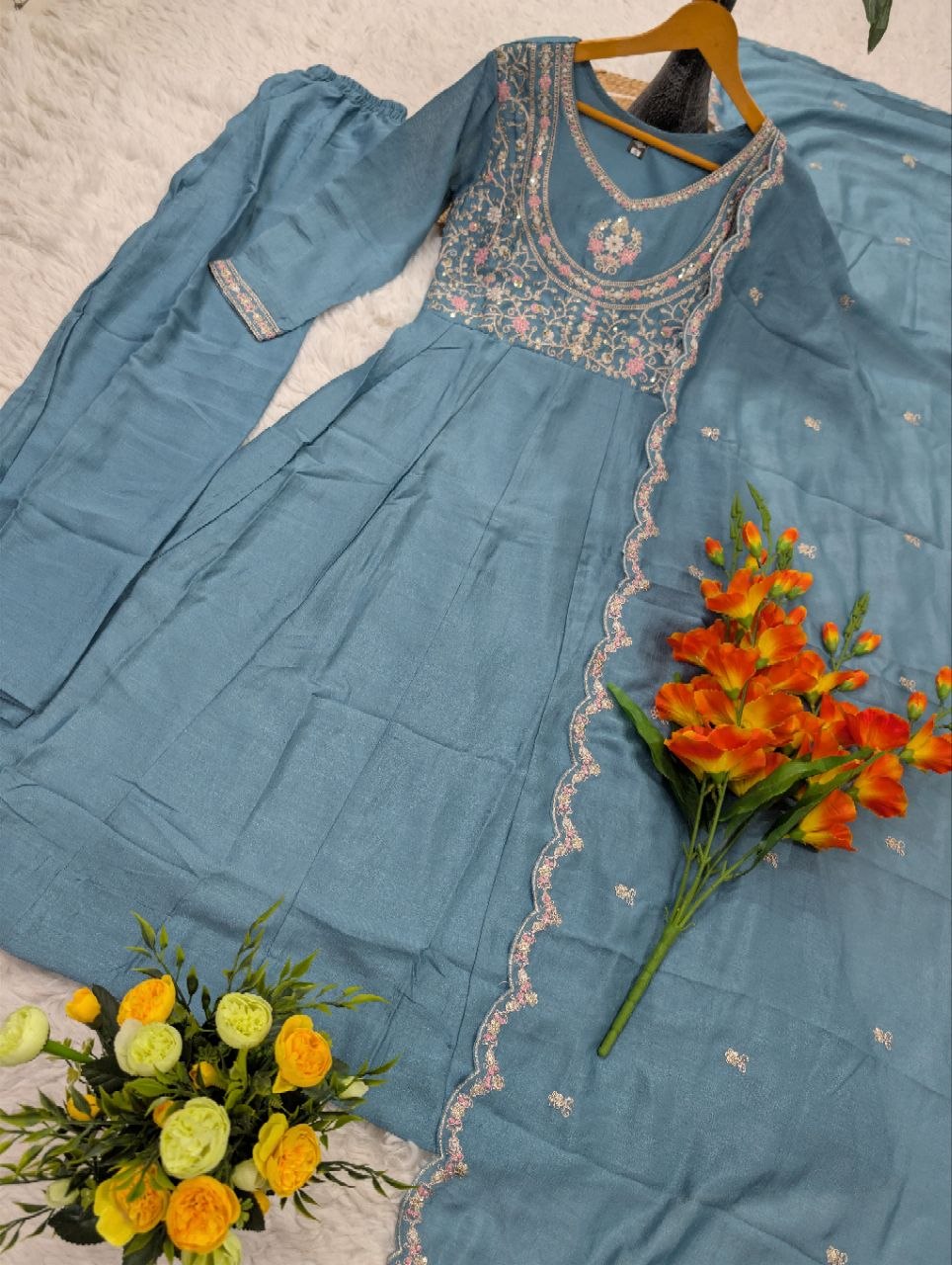 Vichitra Silk Embroidery Anarkali Suit Set